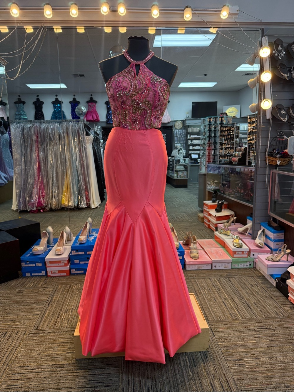 RACHEL ALLAN 7670 CORAL SIZE 8 MERMAID HALTER TOP FORMAL PROM GOWN